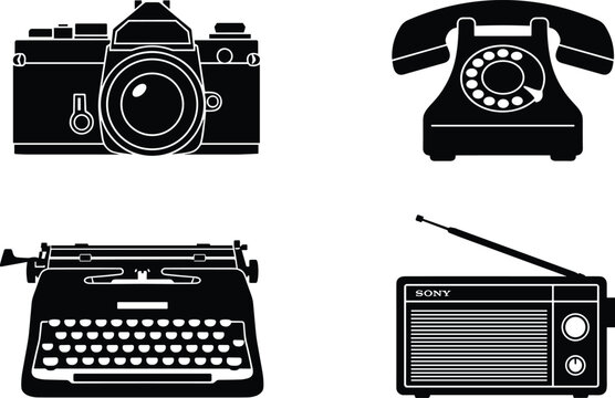Vintage Communication and Retro Technology Silhouette Collection with Camera, Telephone, Typewriter, and Radio Illustrations