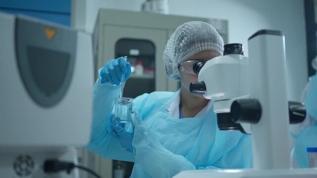 Female scientist mixing chemicals in a beaker and looking through a microscope in a modern biotechnology laboratory