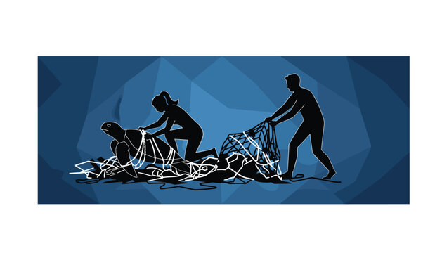 Two rescuers silhouette disentangle a trapped sea turtle from discarded fishing nets against a textured deep blue polygonal abstract background.