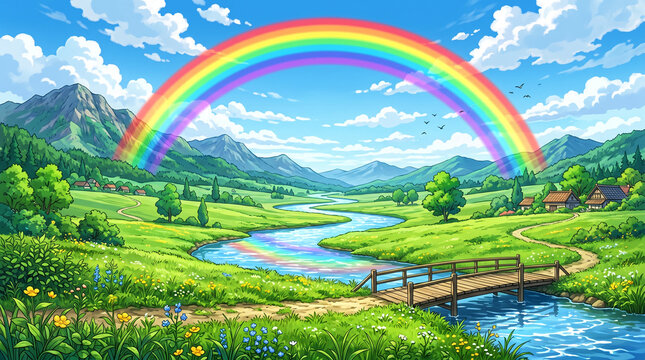 Vibrant landscape with rainbow over a river and green meadow mountains.