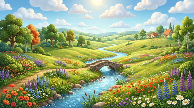 Vibrant landscape with stone bridge crossing a river through flower fields.