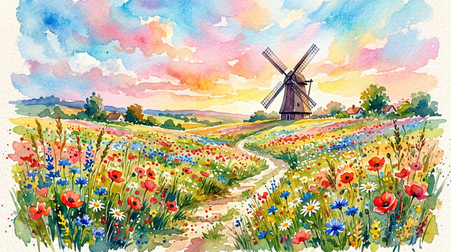 Watercolor summer field of flowers and rustic windmill.