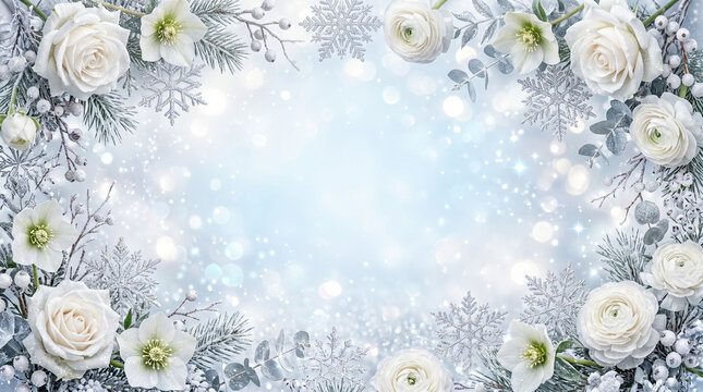 Winter rose border with snowflakes on blue background.