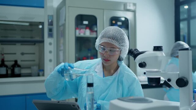 Female scientist mixing chemicals in a beaker for research in a modern science laboratory with a microscope
