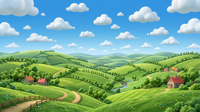 Scenic green rolling hills under blue sky with fluffy white clouds.