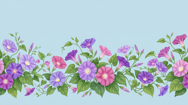Seamless border of purple and pink morning glory flowers.
