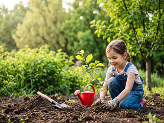 Fototapeta premium Girl plants a young sapling in rich soil while using a red watering can in a sunny home garden.