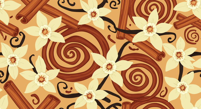 Warm pattern features vanilla orchids and cinnamon sticks with swirling brown lines on a tan background for a fragrant spice theme.