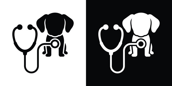 Flat vector icon of a dog from a front-facing perspective paired with a diagnostic stethoscope. Ideal graphic for pet health screening and veterinary clinics.