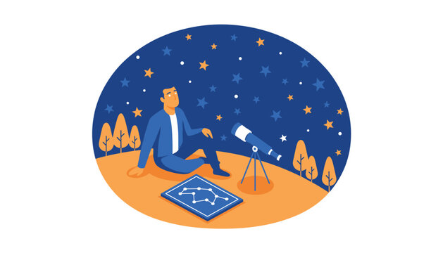 Young man sitting on a hill observing constellations with a telescope and a star chart under a dark night sky filled with many glowing stars.