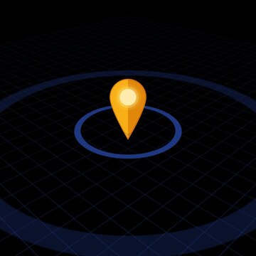 Minimalist yellow location pin icon pulsing on a digital grid map background for navigation and geolocation digital motion graphics projects