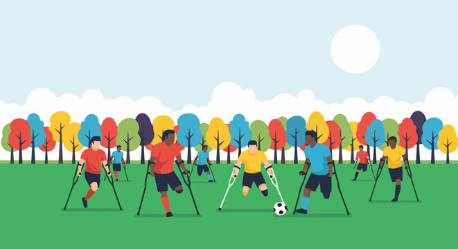 Amputee soccer players running with crutches on a field in a park