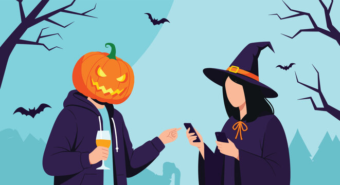 Spooky halloween night scene shows character with a jack-o-lantern head and a witch using smartphones near silhouettes of bats and bare trees.