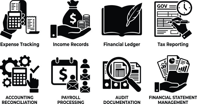Accounting and Financial Management Icons Set for Expense Tracking Payroll and Tax Reporting