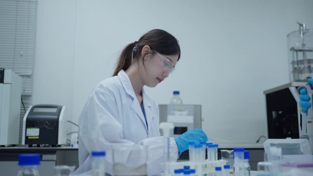 Female scientist working with test tubes and a micropipette during a laboratory experiment for medical research