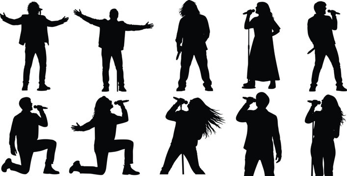 Singer Silhouette Collection Featuring Male and Female Vocalists Performing with Microphones