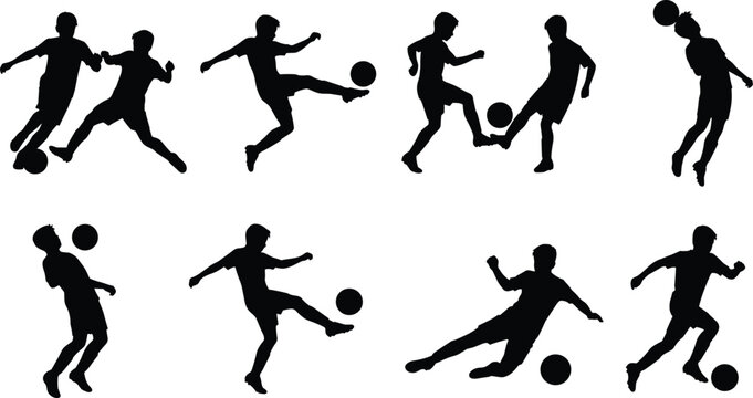 Soccer Action Silhouettes Depicting Kicking Dribbling Heading and SlidingSoccer Action Silhouettes Depicting Kicking Dribbling Heading and Sliding