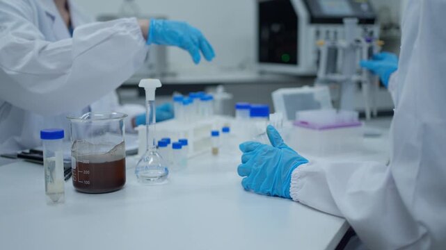 Scientists researching sample analysis with micropipette in a modern sterile laboratory for medical development
