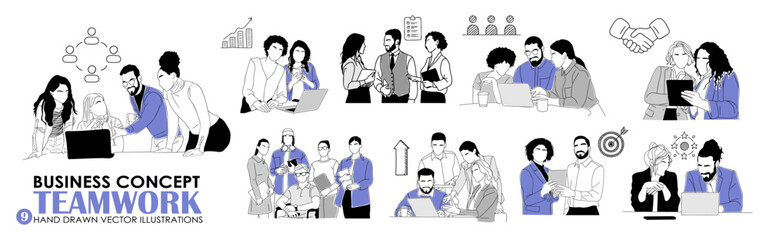 Fototapeta premium Teamwork unfolds through diverse workplace interactions. Collaboration shows in brainstorming, meetings, and shared tasks. People engage with focus, enthusiasm, and mutual support
