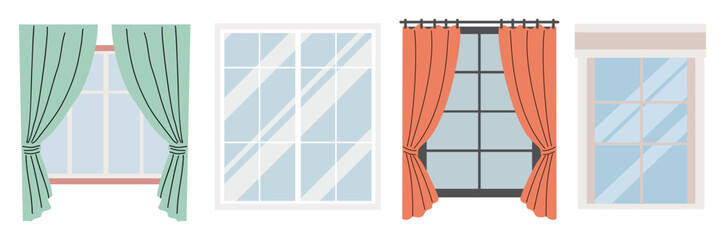 Soft green and orange curtains frame windows. Simple, clean lines suggest modern, calm interiors. Light through glass shows gentle, peaceful atmosphere. Ideal for home design, interior decor © Creative_Juice_Art