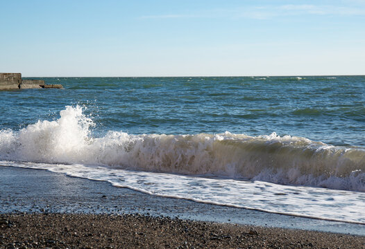 Big waves on the Black Sea coast in winter day