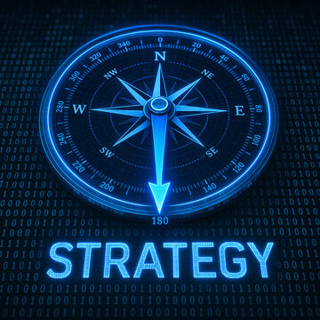 Futuristic compass with glowing strategy text in digital binary background