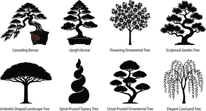Stylized Bonsai and Ornamental Tree Silhouettes for Landscape and Garden Design