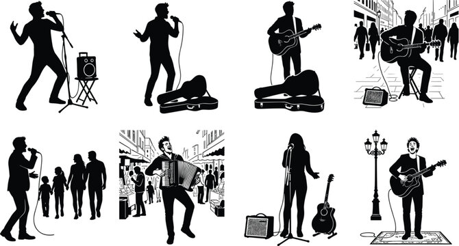 Street Performer and Musician Silhouettes Depicting Singing Guitar Playing and Busking Scenes