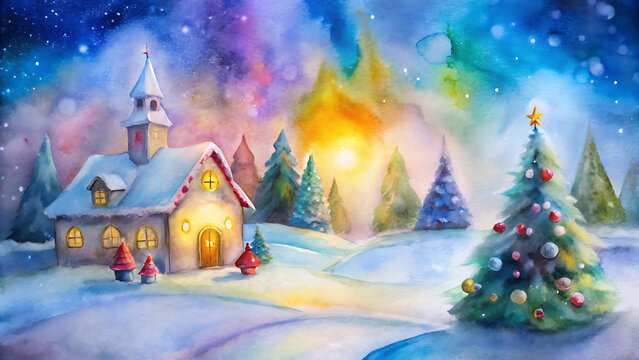 Winter landscape with small village church and christmas tree