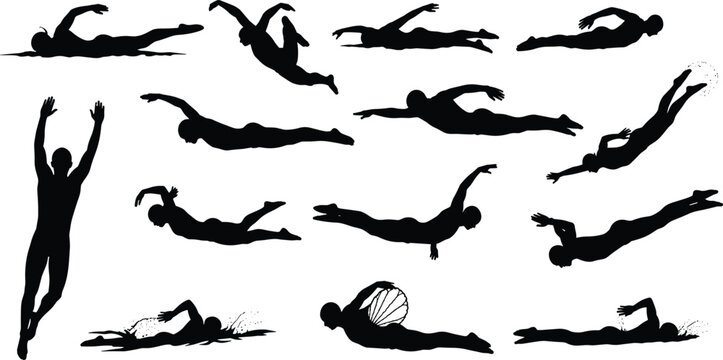Swimming and Diving Silhouette Collection Showing Dynamic Water Sport Movements