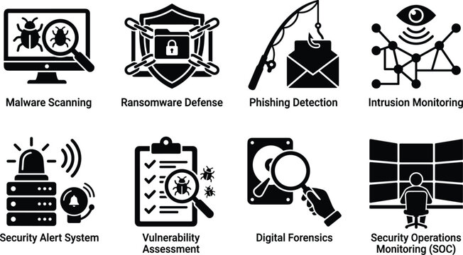 Cybersecurity Protection Icons Set Featuring Malware Scanning Phishing Detection and Digital Forensics Monitoring