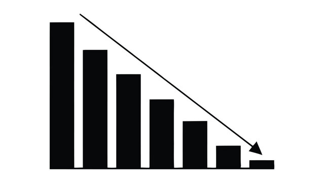Decreasing bar chart with downward arrow on white background, black