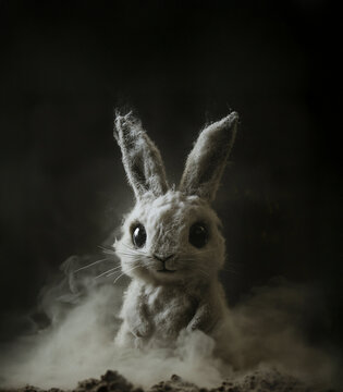 Fluffy dust bunny shaped like a rabbit sitting in a cloud of dust, whimsical conceptual photo