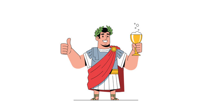Fun cartoon illustration of a Roman emperor giving a thumbs up and holding a golden chalice filled with a beverage.