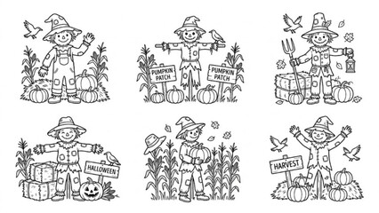 Obraz premium Halloween Scarecrow Silhouette Icon Collection – Rustic Farm Characters and Spooky Harvest Elements