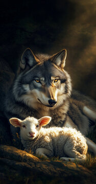 Wolf resting beside a young lamb in warm golden light, wolf and the lamb biblical concept