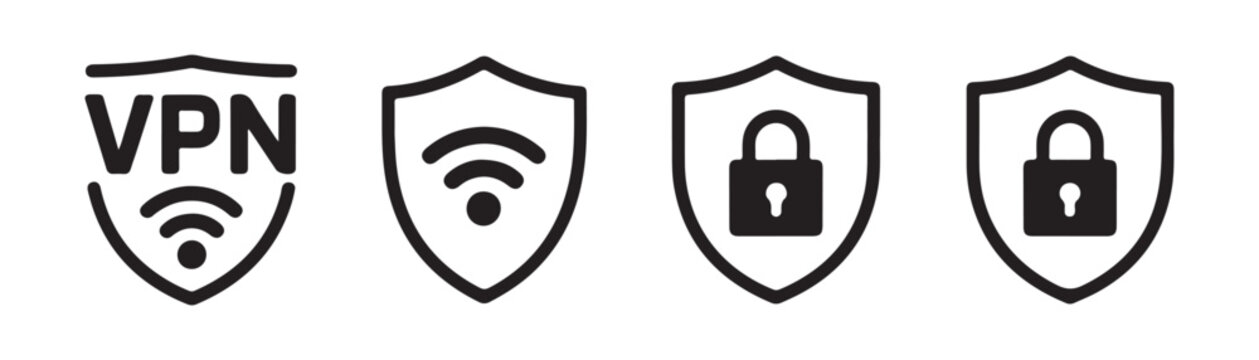 Set of digital security icons including vpn connection wifi protection and locked privacy shield symbols.