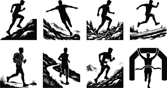 Trail Running Silhouettes Depicting Mountain Racing Finish Line and Outdoor Endurance