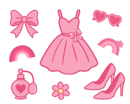 Pink fashion accessory set with dress, bow, sunglasses, perfume, high heel shoe, flower and rainbow icons in cute girly vector style for stock graphics Vector illustration.