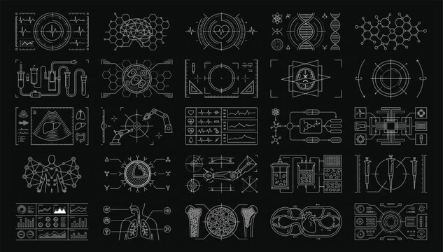 Biomedical engineering interface icons set featuring laboratory diagnostic systems and data visualization biomedical engineering interface laboratory diagnostic visualization research