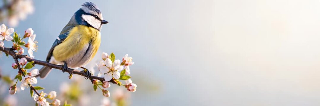 Small songbird on blooming branch, website banner with copy space for text