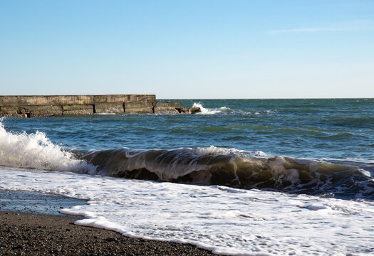 Big waves on the Black Sea coast in winter day