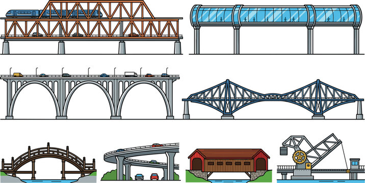 Modern and Historical Bridge Vector Set featuring Truss Skywalk Arch Highway Overpass Wooden Covered and Movable Drawbridge Elements for Civil Engineering Designs