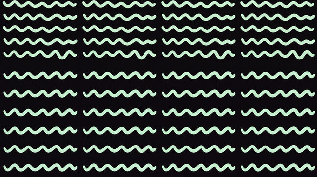 Rhythmic repeated wavy line pattern in pale mint on black, allover hand-made trame texture, minimal overlay, high resolution copy space horizontal
