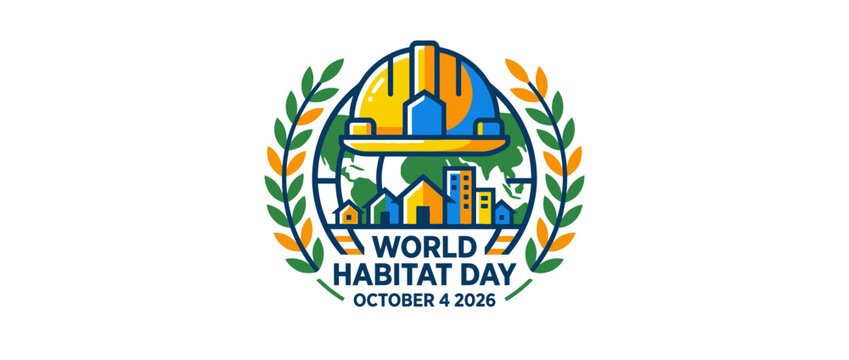 World Habitat Day 2026 logo featuring a construction helmet over a globe and city skyline.