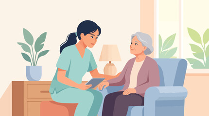 Fototapeta premium Caring nurse assists elderly woman with tablet in cozy home interior