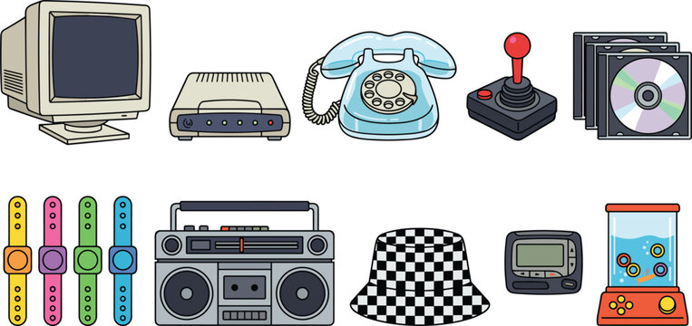 Retro 90s Technology and Lifestyle Vector Set with Old Computer Modem Rotary Phone Joystick CDs Boombox Pager and Slap Bracelets for Nostalgic Designs