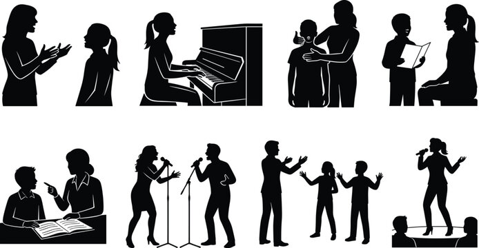 Vocal Coach and Singing Lesson Silhouette Vector Set Featuring Music Education Performance and Speech Therapy