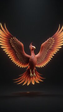 暗闇に輝く壮麗な不死鳥の翼が脈打つように広がり、オレンジと赤の鮮やかな炎が神秘的な動きを見せる