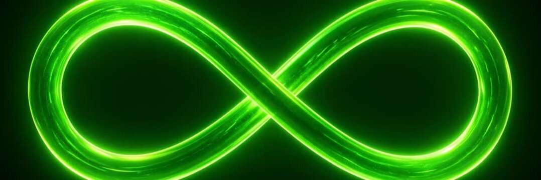 Glowing green infinity symbol on dark background, website banner